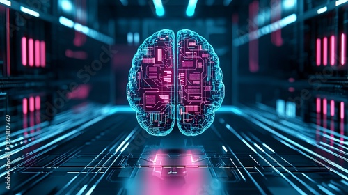 a stunning conceptual piece showcasing information knowledge analysis, a holographic human brain encased in luminous patterns of data streams, sharp details, vibrant neon color palette, futuristic