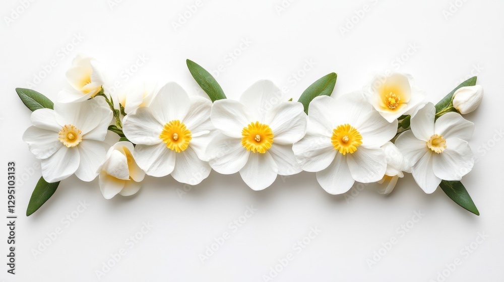 Obraz premium Delicate white flowers with vibrant yellow centers are elegantly displayed on a pristine white surface, creating a serene and harmonious visual composition.