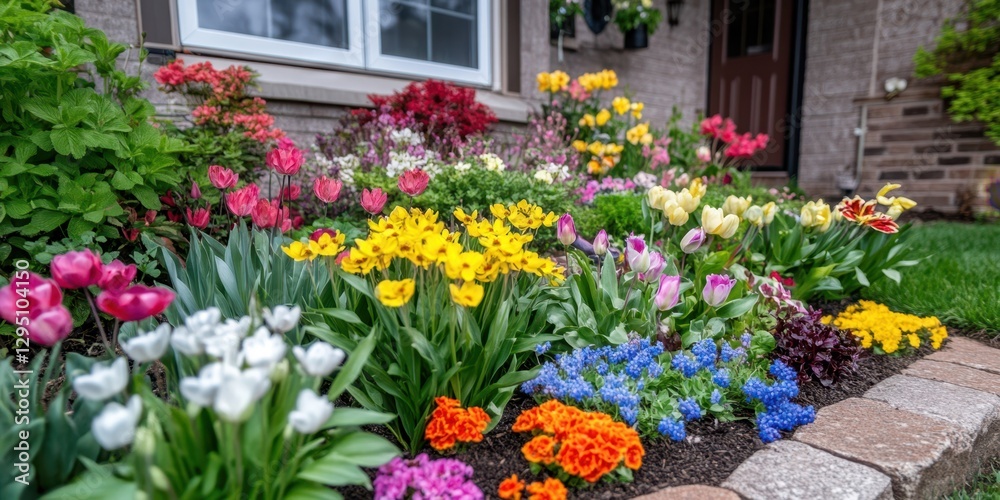 Fototapeta premium A vibrant array of flowers blooming in a well-maintained flower bed, enhancing the charm of the house in the background.