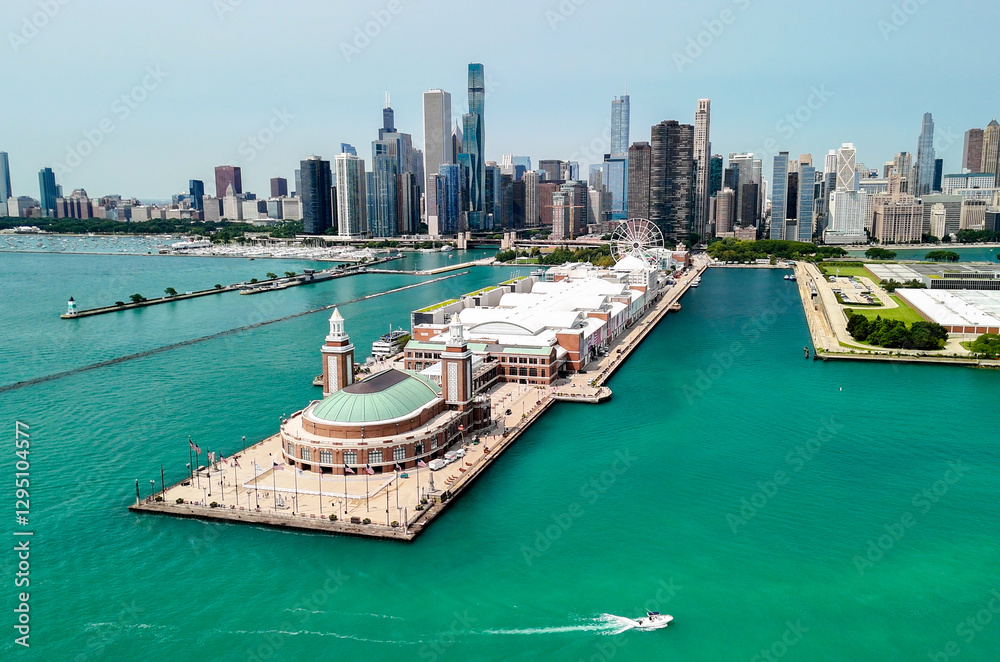 Obraz premium Breathtaking aerial perspective of Chicago skyline and Navy Pier in summer