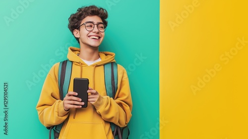 Young man holding smartphone, smiling, standing against turquoise and yellow background