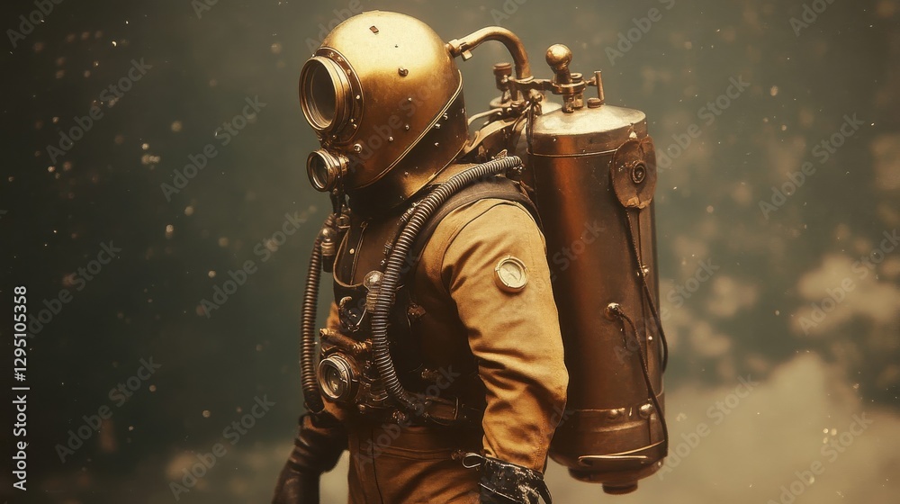 Fototapeta premium A historical diver is equipped with old fashioned diving equipment