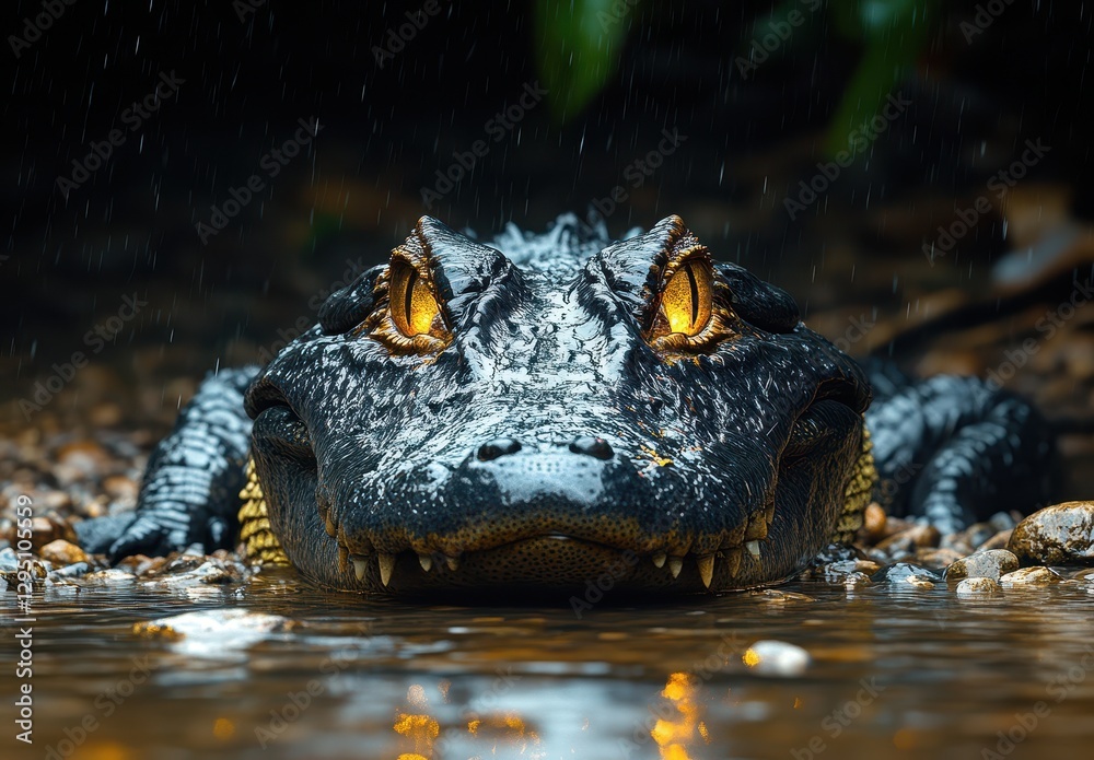 Fototapeta premium Close-Up of an Intense Alligator Striking a Menacing Pose in a Rainy Environment with Glimmering Eyes Reflecting the Surrounding Nature