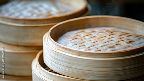 Stacked bamboo steamer baskets, preparing food, Asian restaurant, steam rising photo