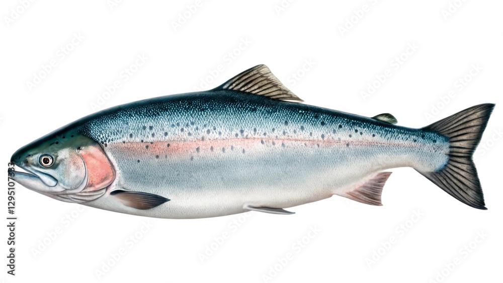 Single salmon fish, displaying its streamlined body with shimmering silver-blue scales and a subtle pinkish hue along its belly. isolated on white background. PNG file Single salmon fish, displaying its streamlined body with shimmering silver-blue scales and a subtle pinkish hue along its belly. isolated on white background. PNG file