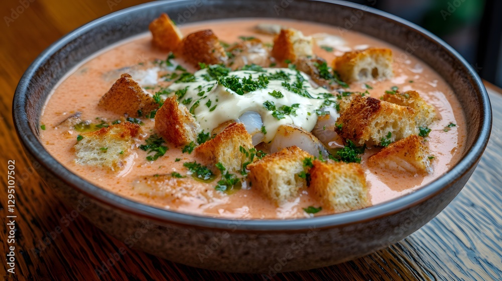Delicious Creamy Seafood Soup with Toasted Croutons Delicious Creamy Seafood Soup with Toasted Croutons