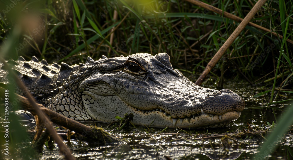 Alligator Submerged in Swamp Water Among Vegetation in Natural Habitat