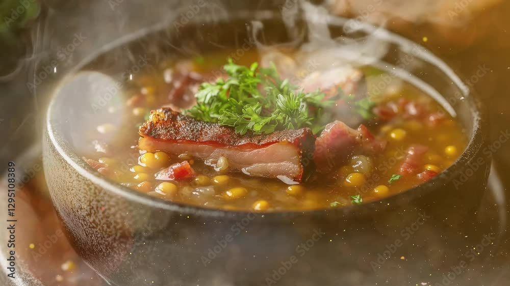 hot soup with smoke of lentil pea soup garnish with bacon and pork ribs seamless looping overlay 4k virtual video animation background hot soup with smoke of lentil pea soup garnish with bacon and pork ribs seamless looping overlay 4k virtual video animation background
