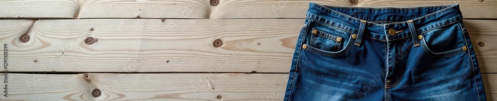 Dark wash denim jeans, folded neatly, light wood planks, textile, jeans, photography Dark wash denim jeans, folded neatly, light wood planks, textile, jeans, photography