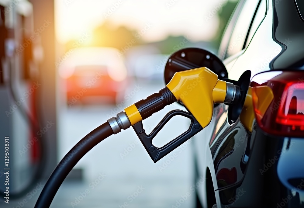 Fototapeta premium Get a realistic glimpse into everyday life with this photograph of a black car being refueled at a gas station, featuring a yellow fuel nozzle, sunlit background, and a beautifully blurred bokeh effec