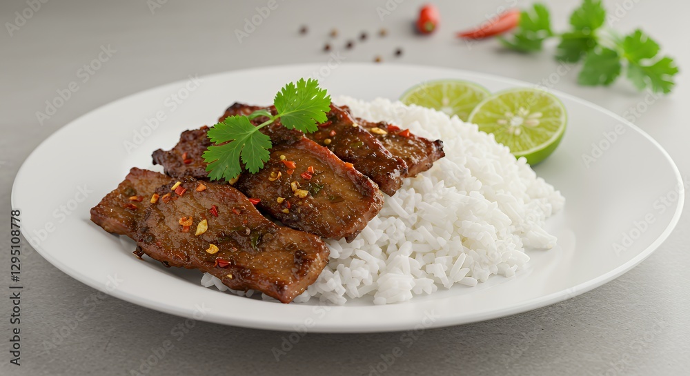 Serving Grilled Pork Slices with Rice and Lime on a Plate Serving Grilled Pork Slices with Rice and Lime on a Plate