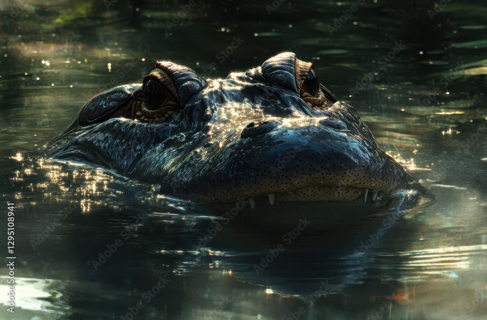 Close-Up View of Alligator Emerging from Water with Sunlight Reflections Capturing Scale and Detail in a Serene Natural Environment Close-Up View of Alligator Emerging from Water with Sunlight Reflections Capturing Scale and Detail in a Serene Natural Environment