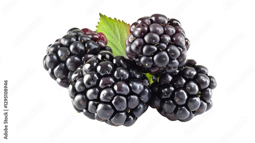 Fresh blackberries showing tiny hairs and green leaf on transparent background Fresh blackberries showing tiny hairs and green leaf on transparent background