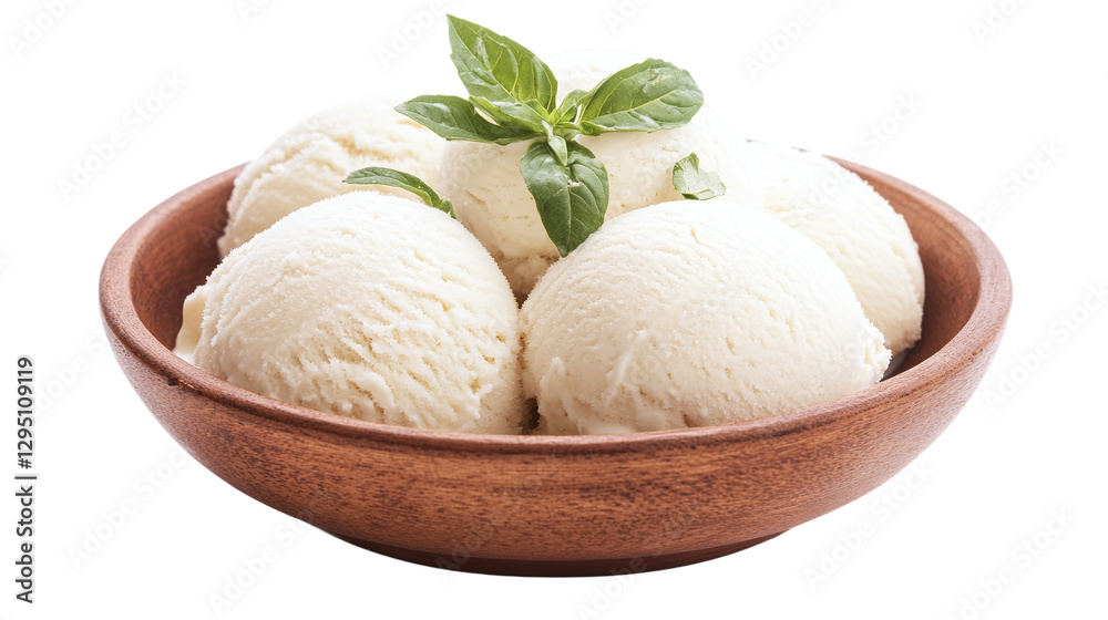 Creamy vanilla ice cream scoops in a bowl isolated on transparent background, ideal for food and dessert menus or advertising. Creamy vanilla ice cream scoops in a bowl isolated on transparent background, ideal for food and dessert menus or advertising.
