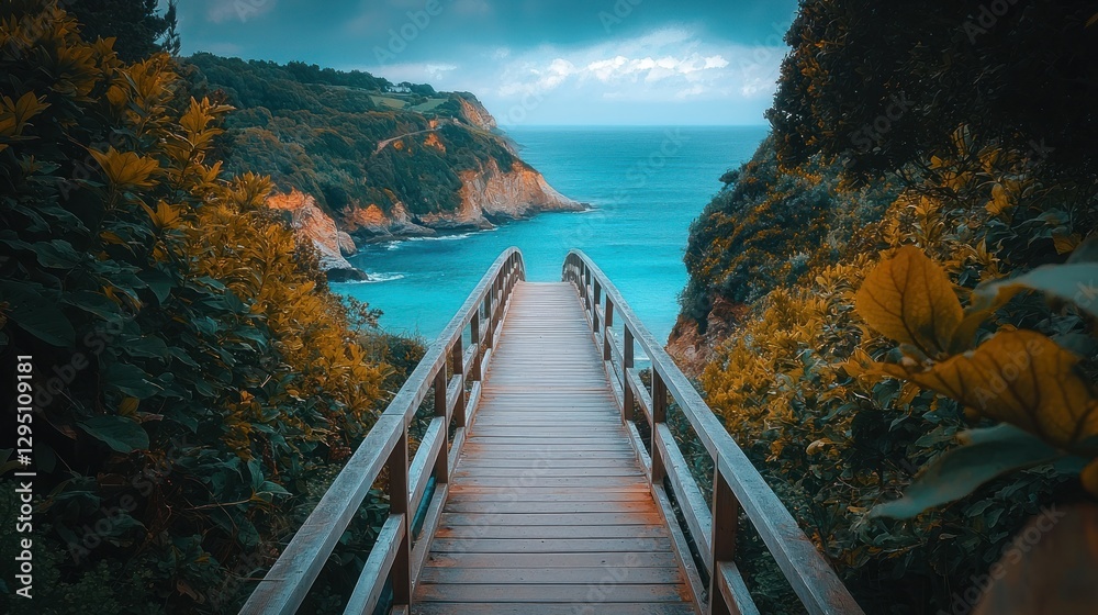 Obraz premium Coastal Wooden Bridge Pathway to Ocean Vista