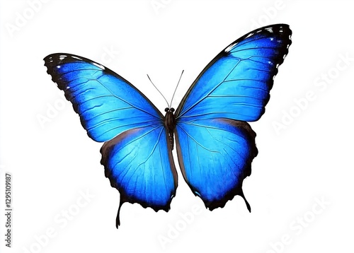 Stunning Blue Butterfly Spreading Wings in Bright White Background with Graceful Elegance
