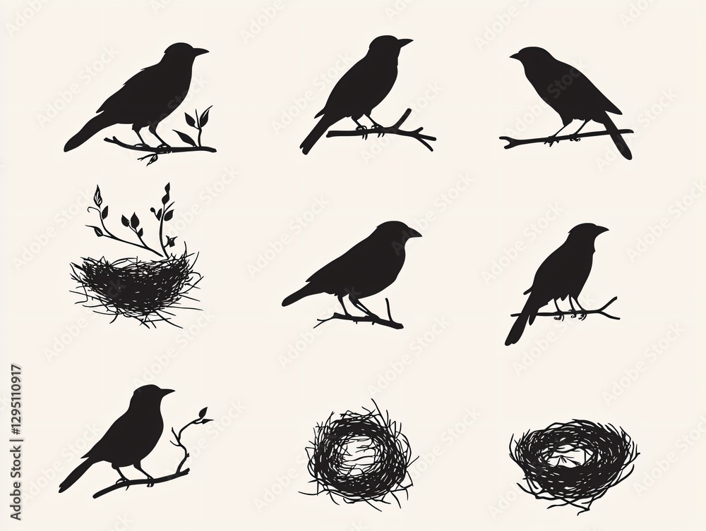 Fototapeta premium Bird Silhouettes & Nests