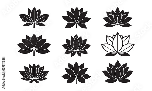 "Minimalist Lotus Flower Icons Set – 9 Monochrome Designs in 3x3 Grid on White Background"