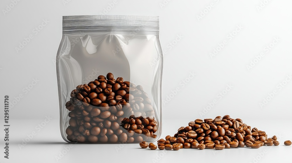 Coffee beans in clear pouch, some spilled, white backdrop, product packaging Coffee beans in clear pouch, some spilled, white backdrop, product packaging