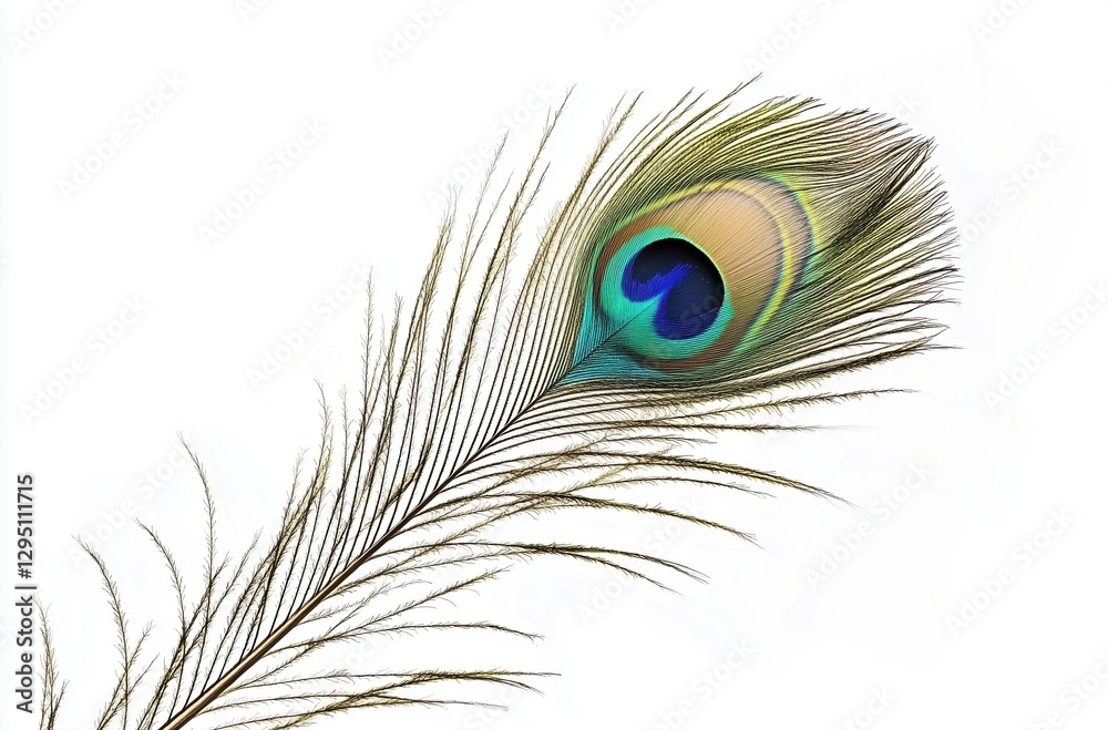 Obraz premium A Captivating Peacock Feather Gliding Gracefully Against a White Background with Iridescent Colors 