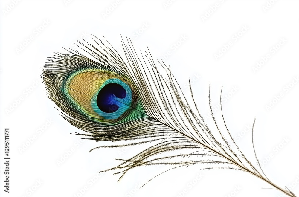 Fototapeta premium Stunning Peacock Feather Displaying Vibrant Colors Against White Background with Ethereal Elegance 