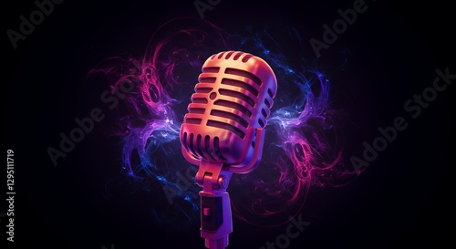Classic Microphone with Vibrant Light Trails Creates a Dynamic Performance Vibe