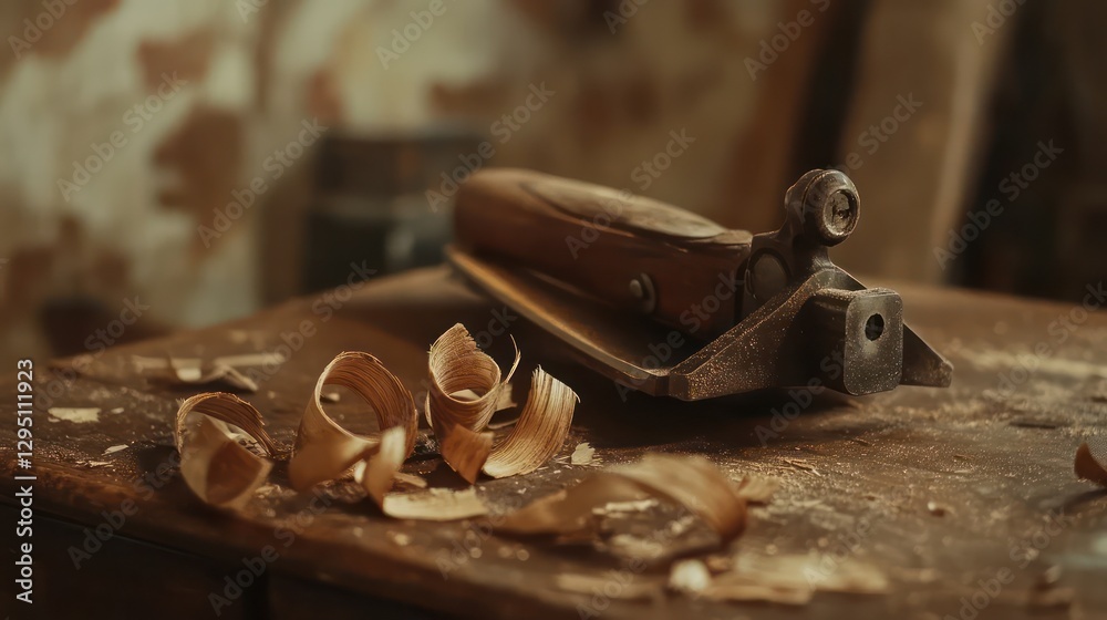 Woodworking tools on workshop bench, wood shavings, craft Woodworking tools on workshop bench, wood shavings, craft