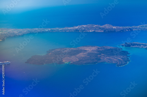 Stunning aerial view of Santorini Caldera from an airplane, show