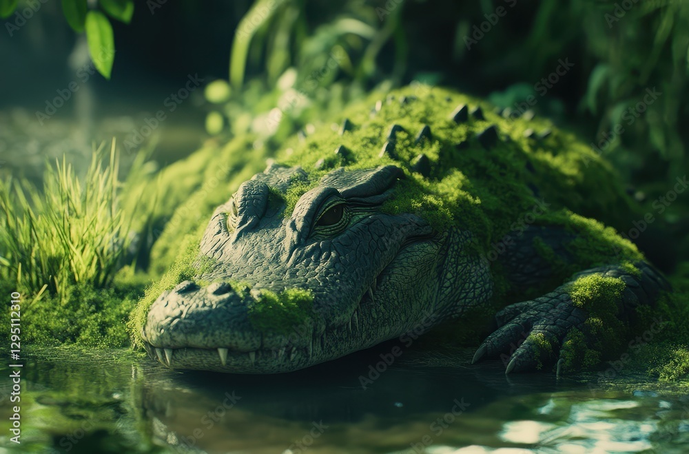 Fototapeta premium Lush Green Environment Featuring Alligator Lying in Calm Water Surrounded by Vibrant Moss and Dense Vegetation in a Serene Natural Habitat