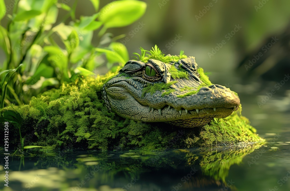 Fototapeta premium Lush Greenery Surrounding a Crocodile with Moss on Its Head Resting in Calm Water Under Soft Natural Light