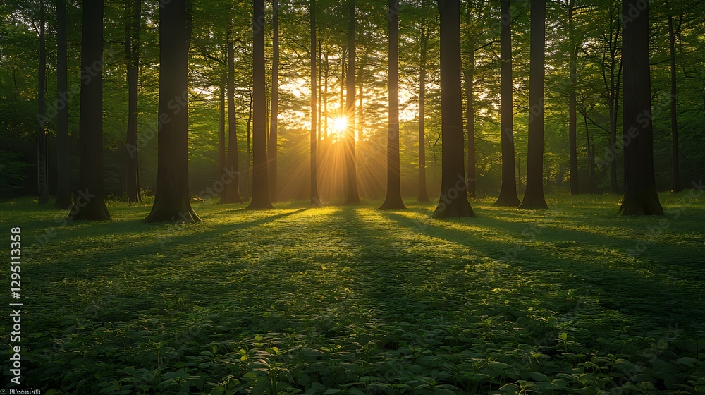 Obraz premium Sunrise forest landscape, misty dawn, sunbeams, tranquil park