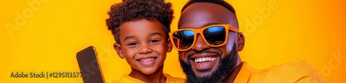 Joyful Father and Son Selfie in Bright Studio with Orange Backdrop Smiles Radiantly photo