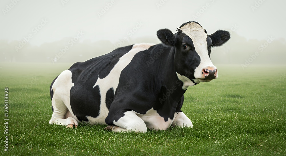 Cow Resting Peacefully on Green Pasture in Foggy Landscape Scene
