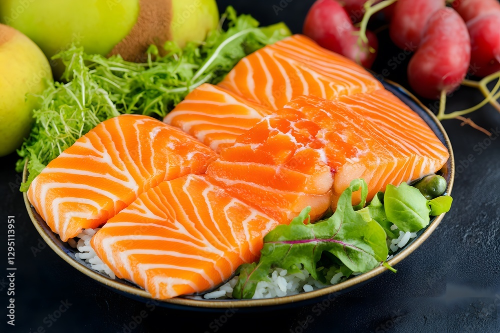 Delicious Salmon Sashimi Bowl with Rice and Greens Delicious Salmon Sashimi Bowl with Rice and Greens
