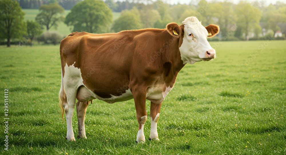 Brown and White Cow Standing in Green Pasture During Daytime Brown and White Cow Standing in Green Pasture During Daytime