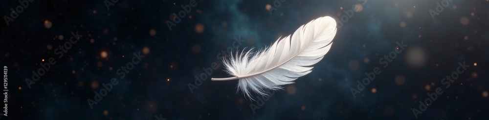 Obraz premium Weightless white feather drifts, light beams illuminate, infinite black void, light, contrast