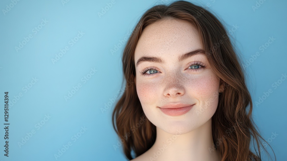 Woman smiling, blue background, portrait, beauty Woman smiling, blue background, portrait, beauty