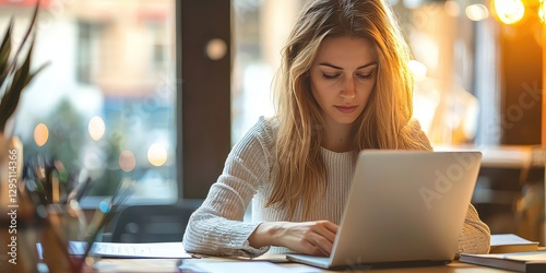 A driven woman working on a deadline at her office desk photo