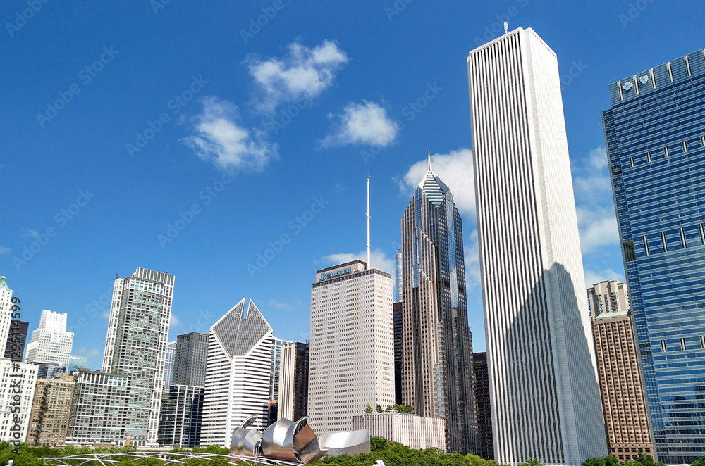 Breathtaking summer aerial view of Chicago skyscrapers from Millennium Park Breathtaking summer aerial view of Chicago skyscrapers from Millennium Park