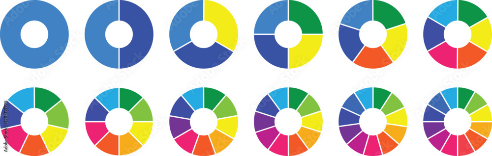 Circle pie chart diagram. Pie chart divided 4, 5, 6, 7, 8, 9, 10, 11, 12 equal parts. Color ring or donut round diagram. Pie chart circle. pie chart set. Infographic wheel segment and fraction Circle pie chart diagram. Pie chart divided 4, 5, 6, 7, 8, 9, 10, 11, 12 equal parts. Color ring or donut round diagram. Pie chart circle. pie chart set. Infographic wheel segment and fraction