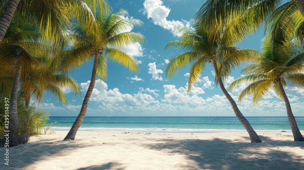 Fototapeta premium Two tall, swaying palm trees stand gracefully on the sandy beach, overlooking the sparkling ocean waves.
