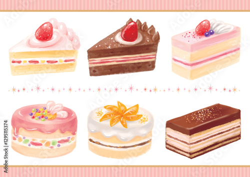 手描きのケーキのイラスト6点セット