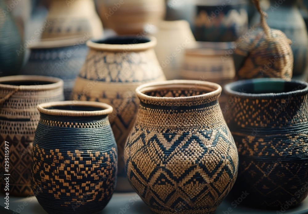 A collection of woven baskets with intricate patterns and designs arranged in different display A collection of woven baskets with intricate patterns and designs arranged in different display