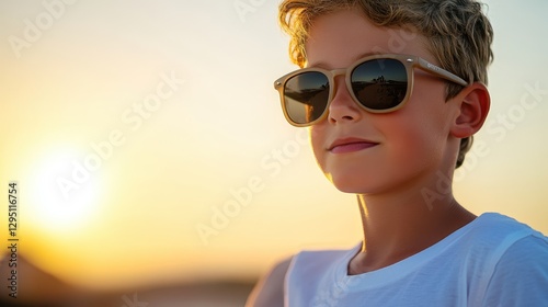 A young boy sports sunglasses and a white shirt, embodying a carefree summer spirit and showcasing youthful style and confidence.