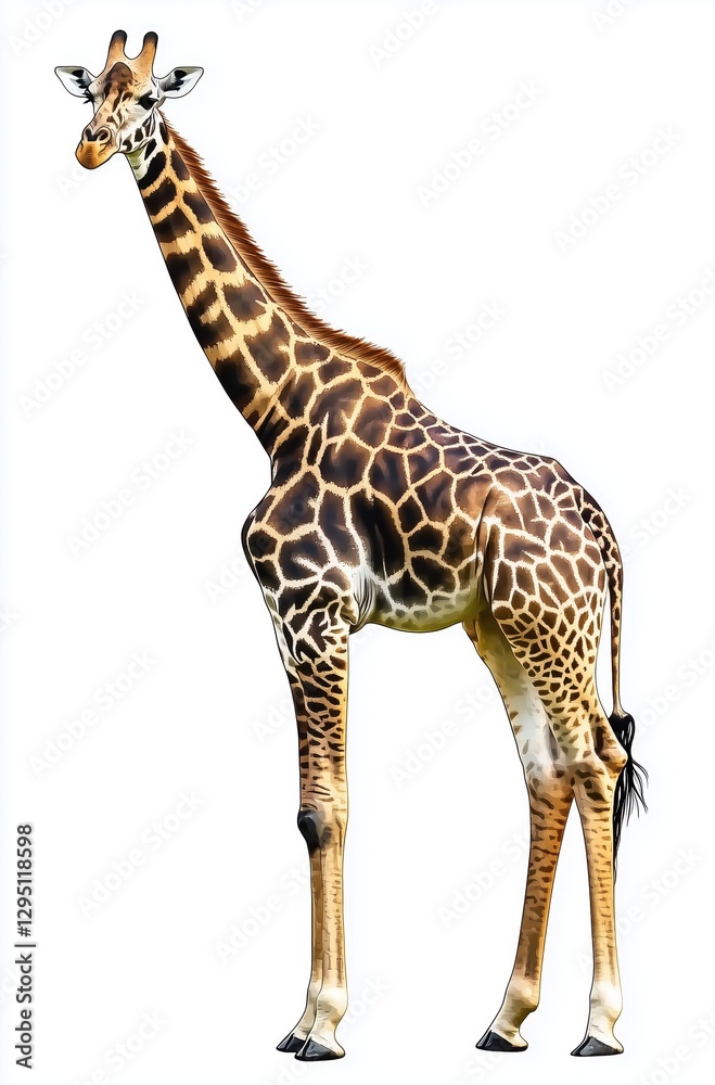 Obraz premium A Majestic Giraffe Standing Gracefully Against a White Background with Elegant Patterns and Serenity 