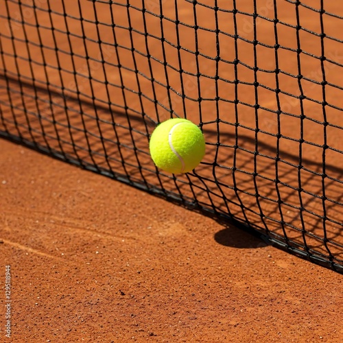a tennis ball caught in the net’s weave, strings visibly taut, with a clay court, tennis, net, ball, tension, close-up, clay, court, racket, sports, blur, action, intensity, match, serve, dramatic, mo photo