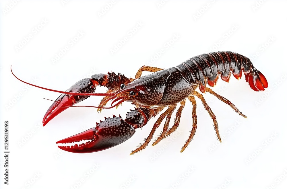 Fresh Red Lobster Crawling on White Background with Glimmering Shell Texture
Fresh Red Lobster Crawling on White Background with Glimmering Shell Texture