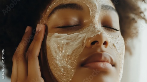 Woman applying face mask, skincare routine, home spa, natural light, relaxation photo