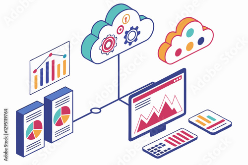 Isometric vector illustration of a cloud computing and data analytics setup, featuring cloud icons, data visualizations, a desktop computer, and documents, all connected to represent data flow and pro