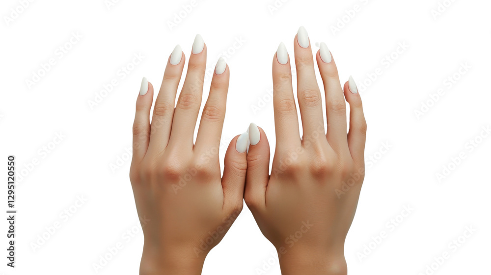 Woman showing her manicured hands with white nail polish on transparent background Woman showing her manicured hands with white nail polish on transparent background